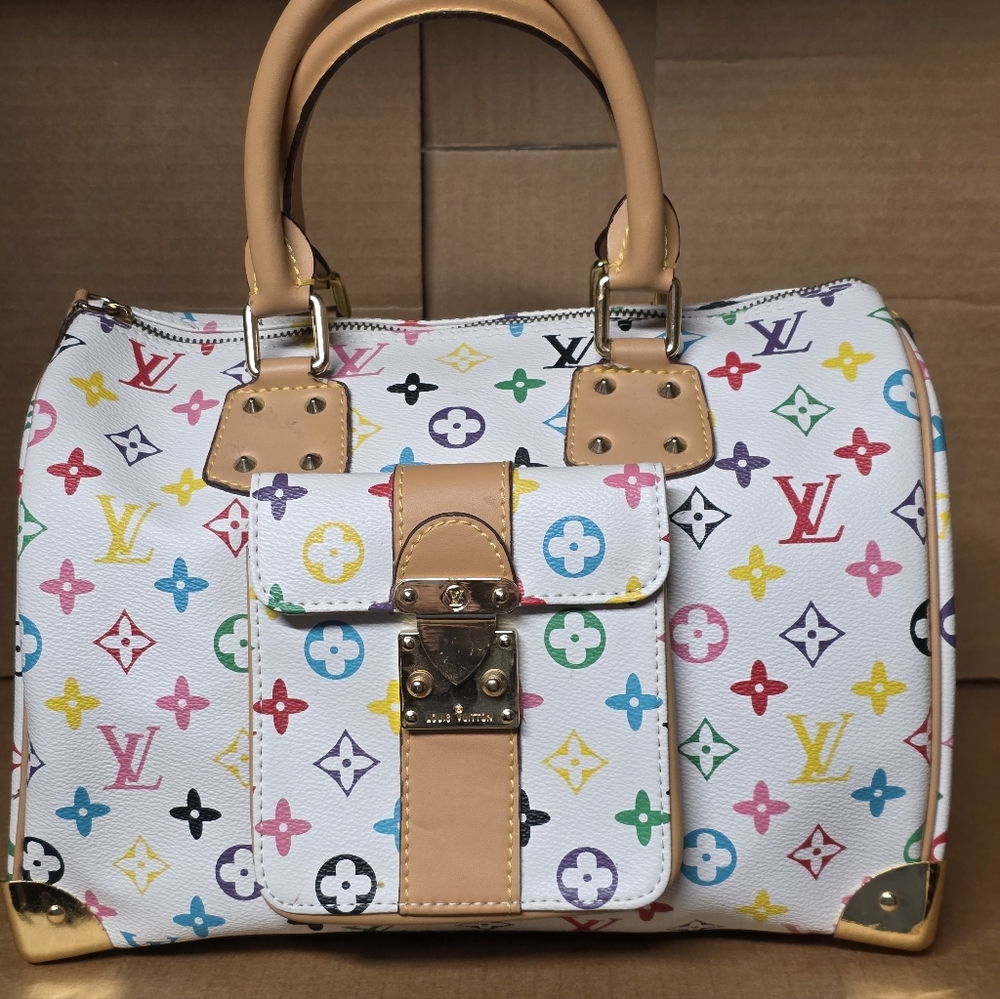 Louis Vuitton White Multicolor Monogram Satchel with Tan Trim